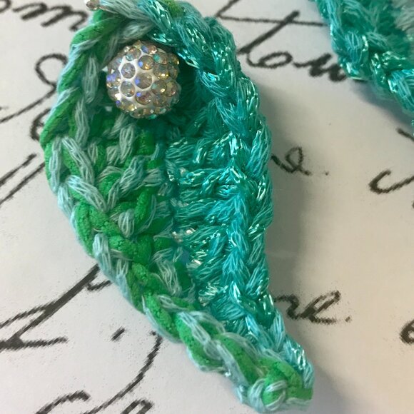 SUMMER LEAF EARRINGS Handmade Blue & Green Fiber with Rhinestone Beads - Picture 9 of 9